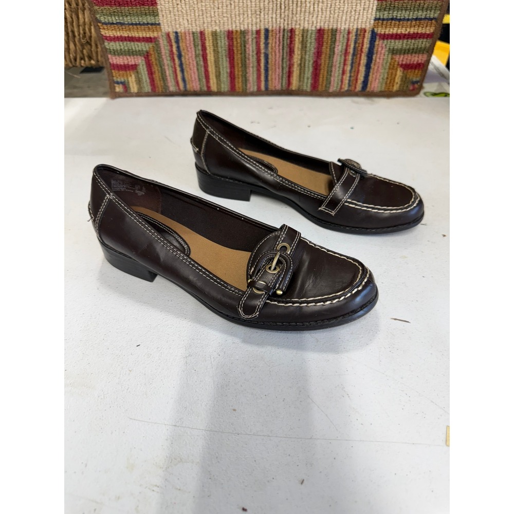 Predictions Womens Brown Faux Leather Buckle Loafers Contrast Stitch Shoes 8